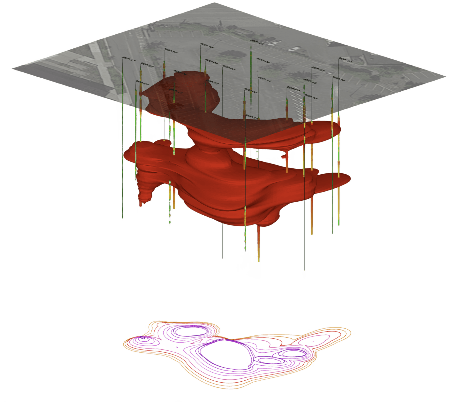 3D subsurface contamination model showing geological layers, borehole locations, and contamination plume