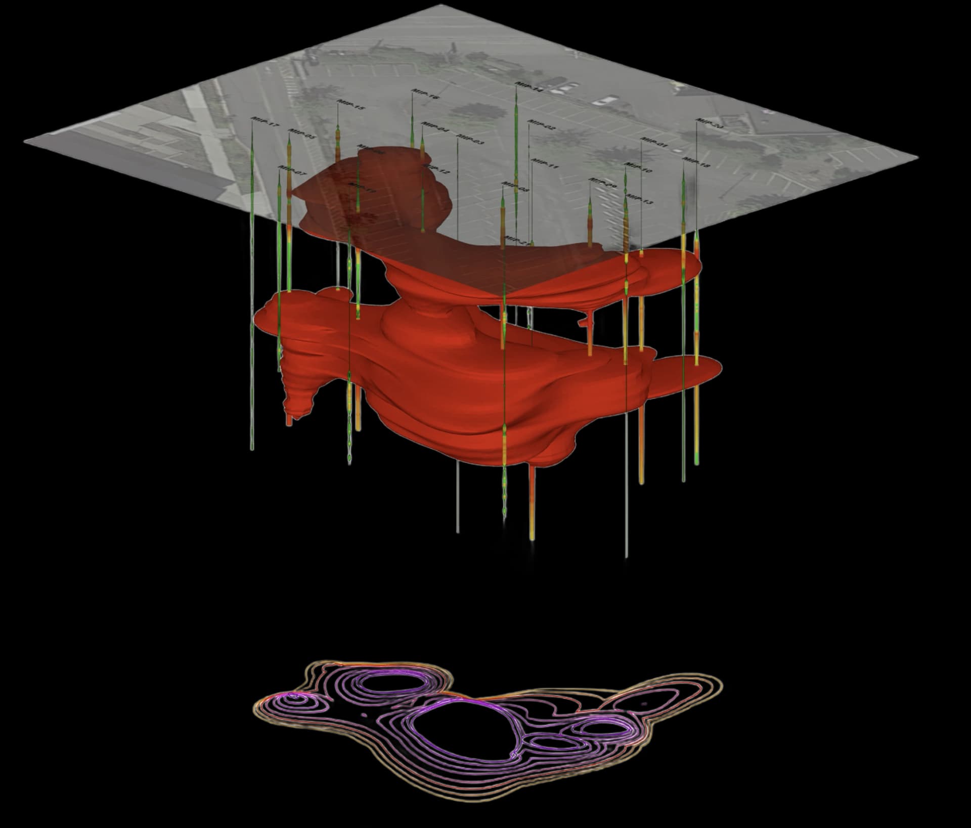 3D subsurface contamination model showing geological layers, borehole locations, and a contamination plume beneath the site aerial